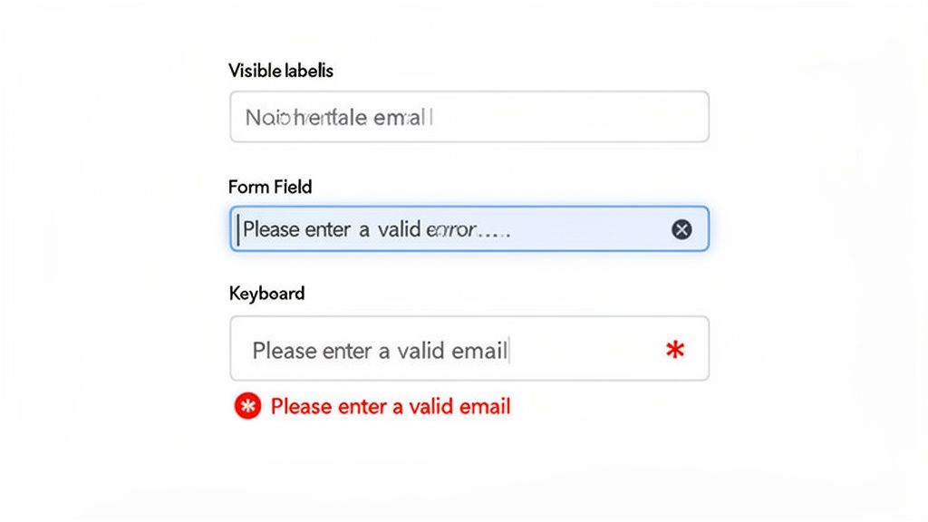 An illustration showing various states of an email input field with placeholder text and a validation error message.