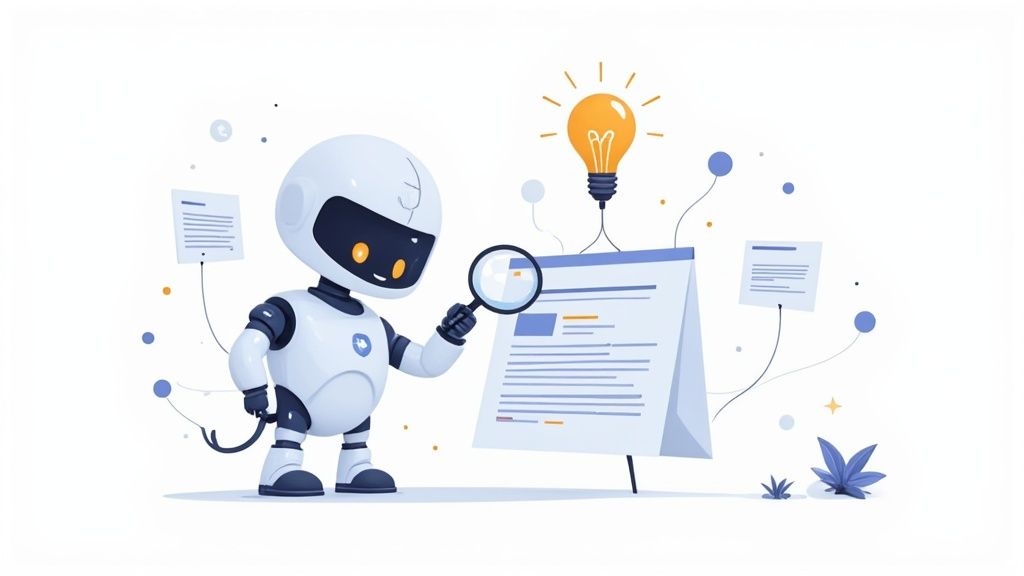 Robot with magnifying glass analyzing code on screen with lightbulb representing automated testing solutions