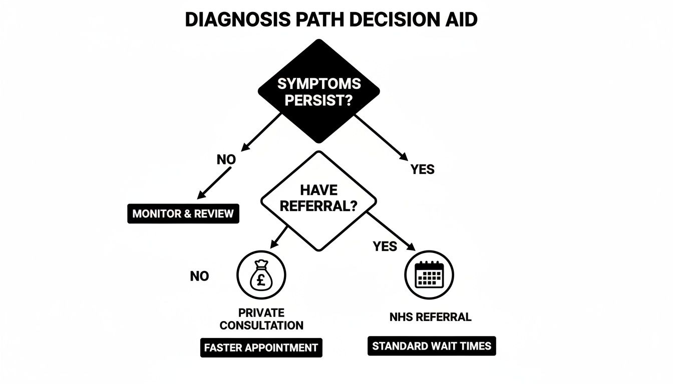 A diagnosis path decision aid flowchart with steps for persisting symptoms, referrals, and consultation options.