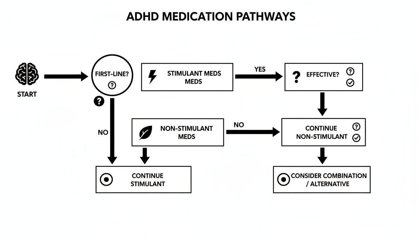 A flowchart illustrating ADHD medication pathways, guiding decisions for stimulant and non-stimulant treatments.