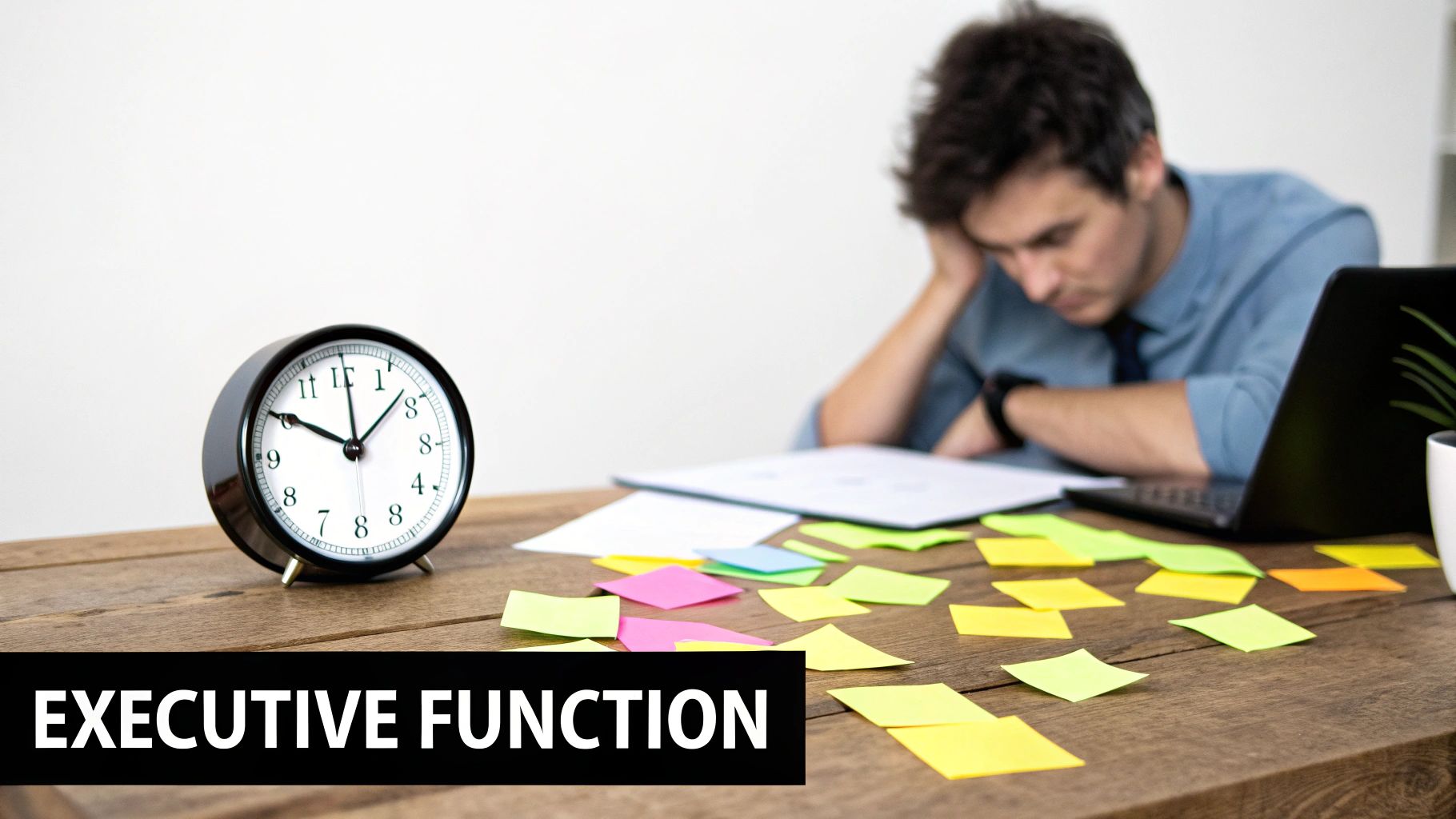 An adult's desk with scattered sticky notes, a laptop, and coffee, representing organisational challenges