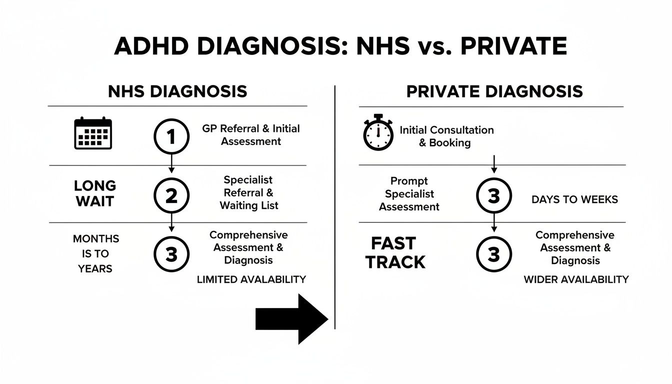 Infographic comparing ADHD diagnosis processes: NHS (long wait, limited availability) vs. Private (fast track, wider availability).