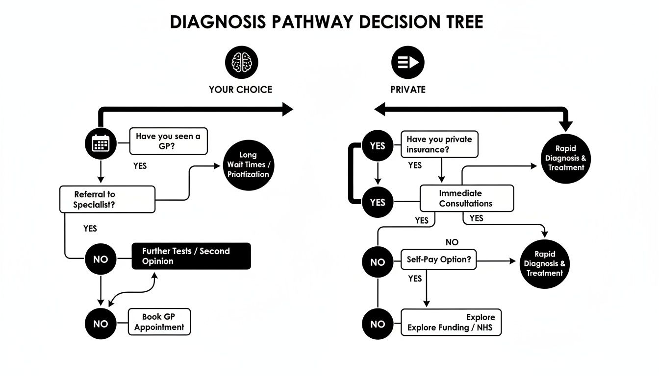 A diagnosis pathway decision tree flowchart illustrating public and private healthcare options for diagnosis and treatment.