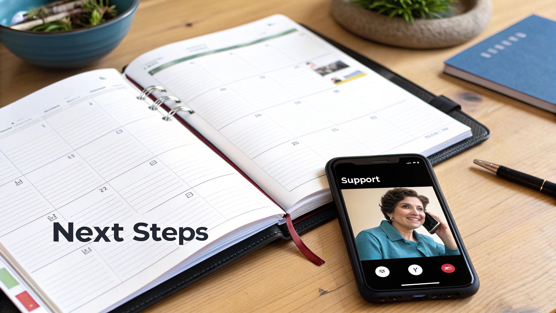 Open planner with 'Next Steps' text and smartphone displaying a 'Support' video call on a wooden desk.