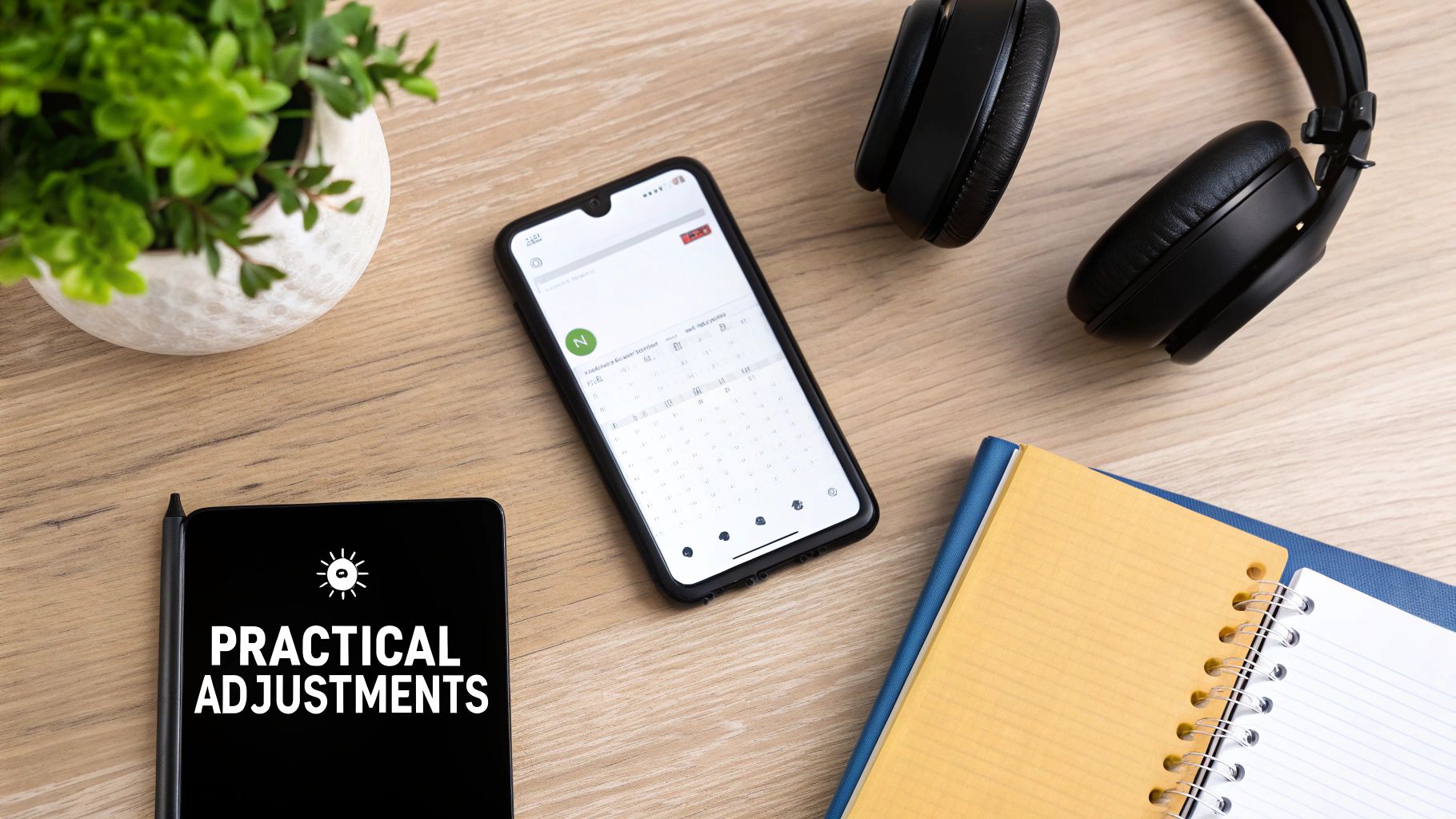 A flat lay of a wooden desk with a plant, smartphone, headphones, notebook, and a tablet displaying 'Practical Adjustments'.
