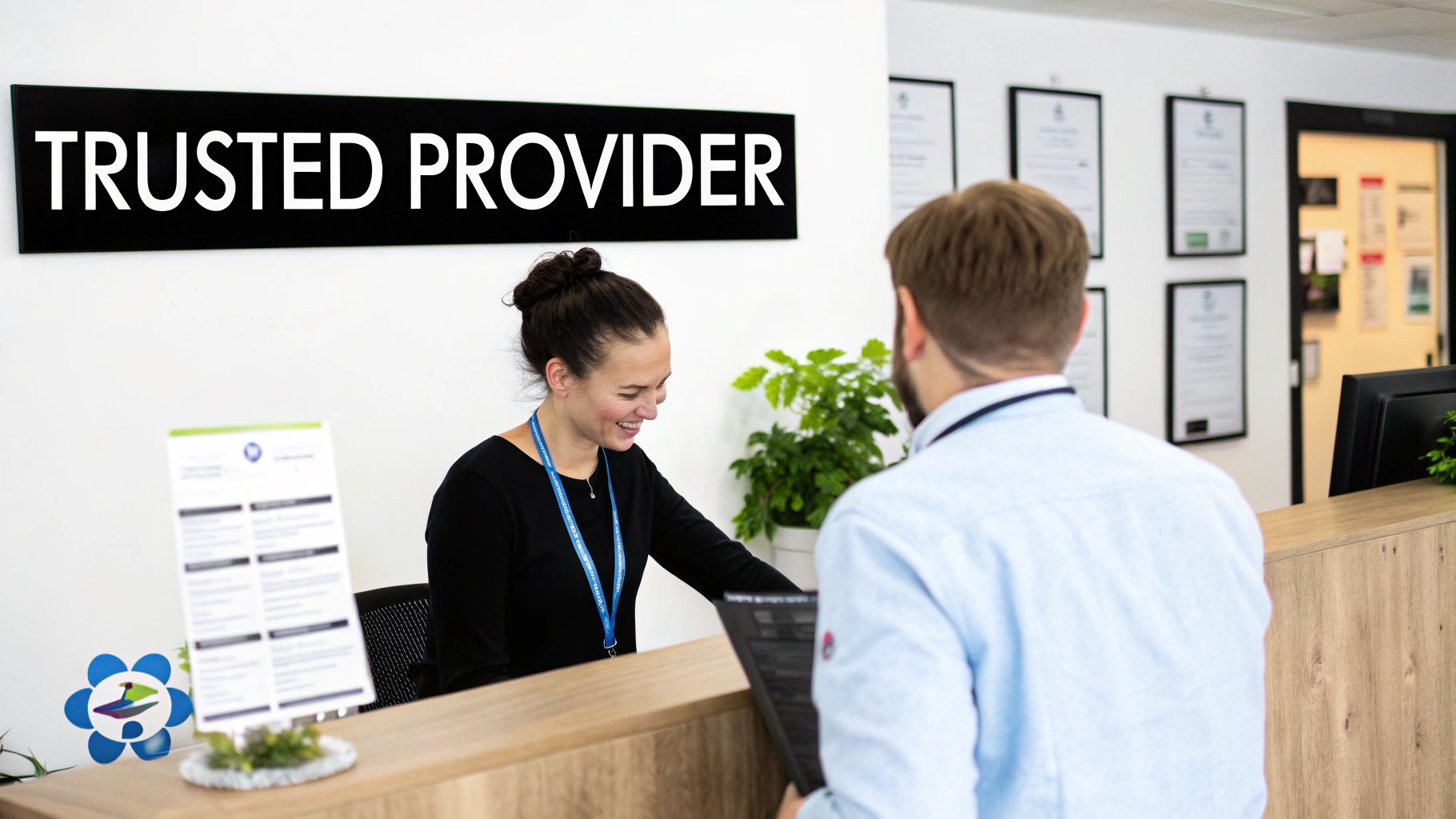A smiling receptionist with a blue lanyard assists a client at a modern reception desk.