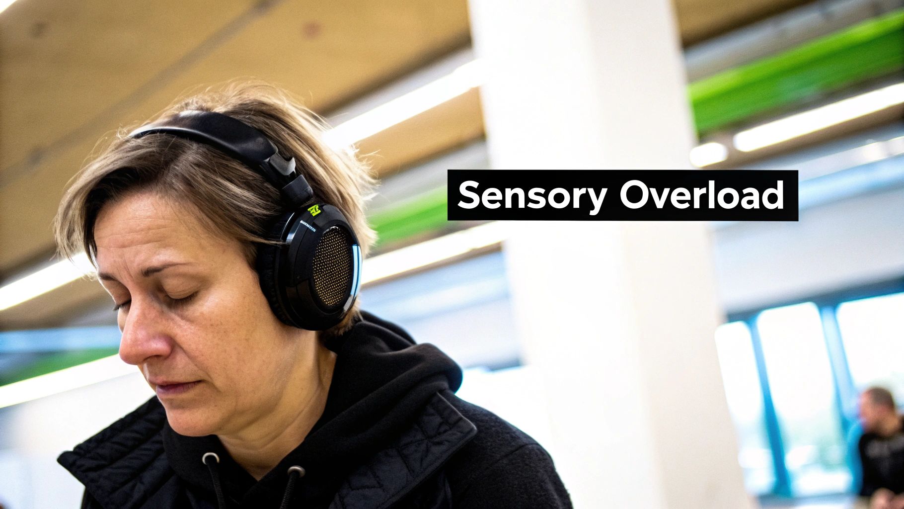 An adult wearing headphones to block out overwhelming noise in a busy environment