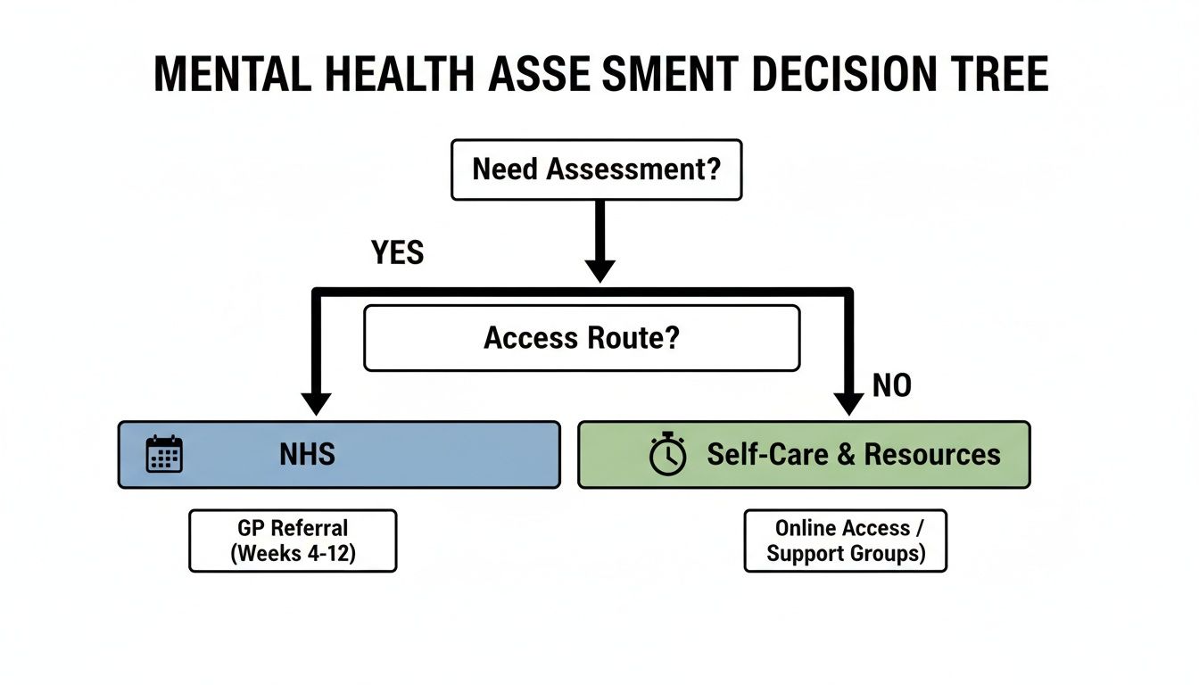 A mental health assessment decision tree guiding individuals through NHS GP referral or self-care options.