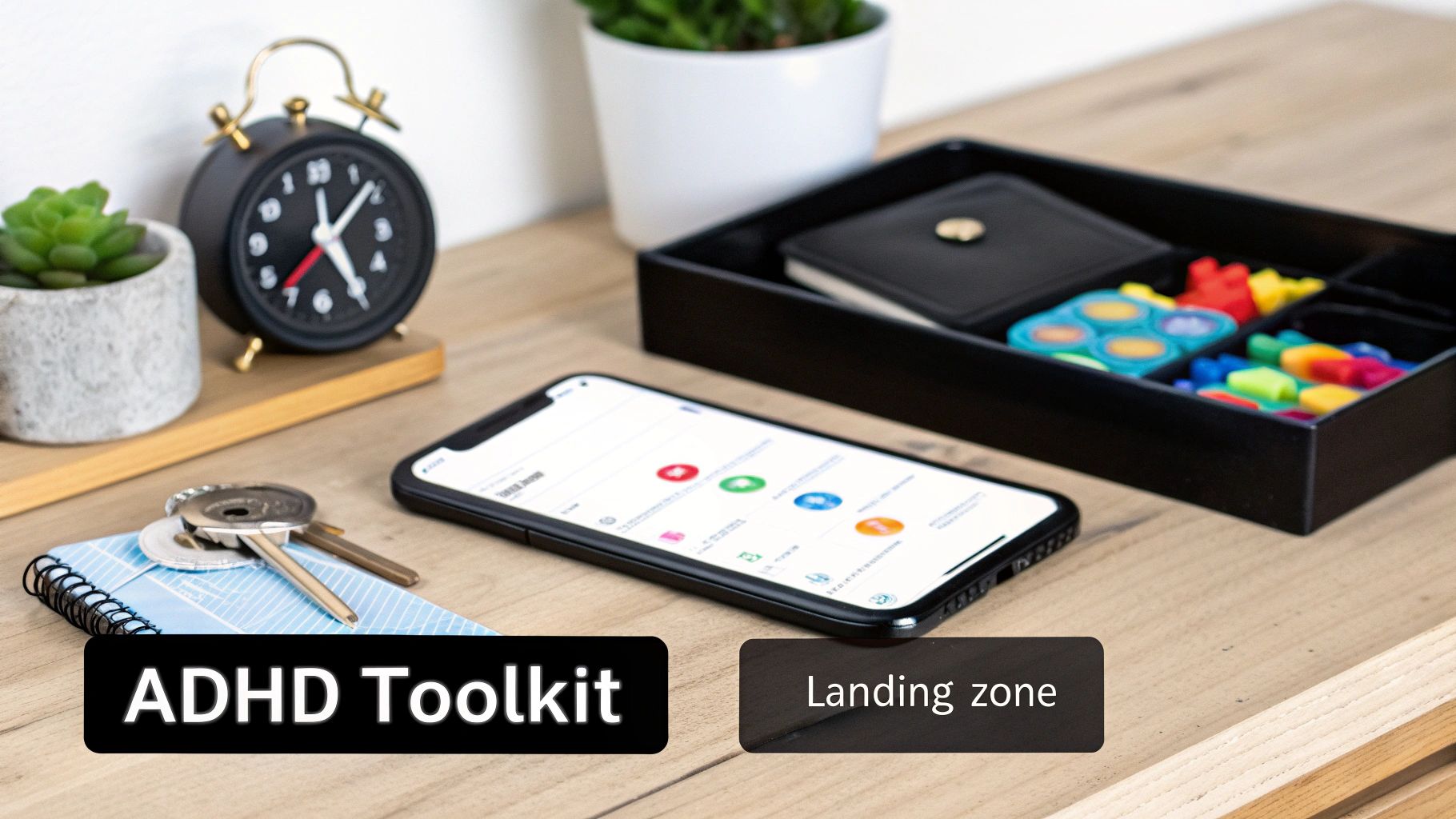 A desk with an alarm clock, plant, keys, smartphone with an app, and tray of fidget toys, labeled 'ADHD Toolkit'.