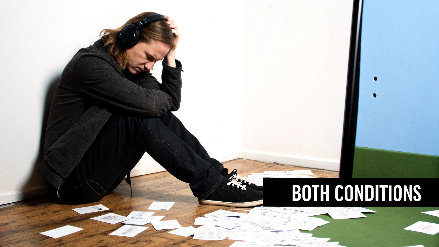 Two overlapping circles, one representing ADHD and the other Autism, with shared traits in the middle.