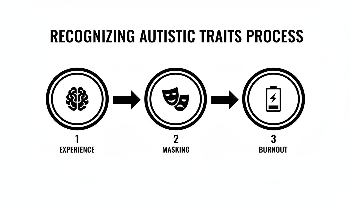 A flowchart illustrating the recognizing autistic traits process: experience, masking, and burnout.