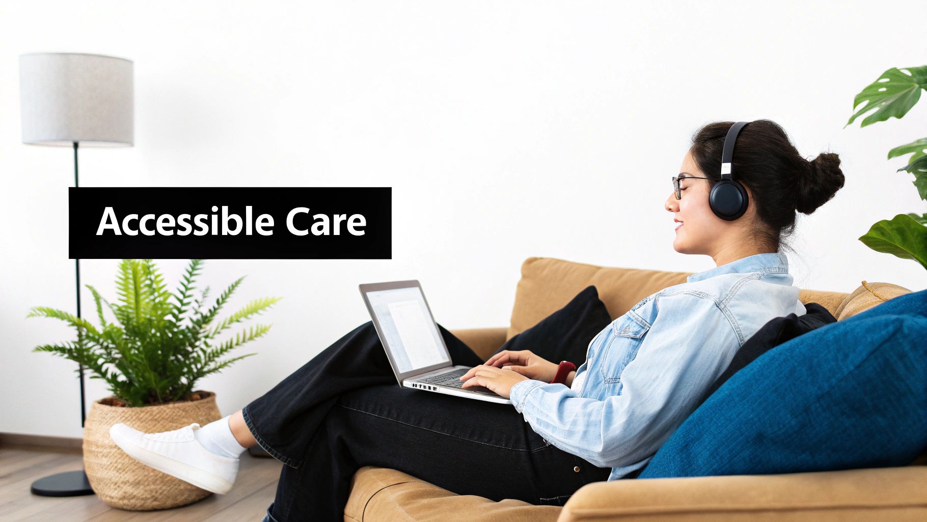 Woman having a comfortable online video call on a laptop in a relaxed home setting