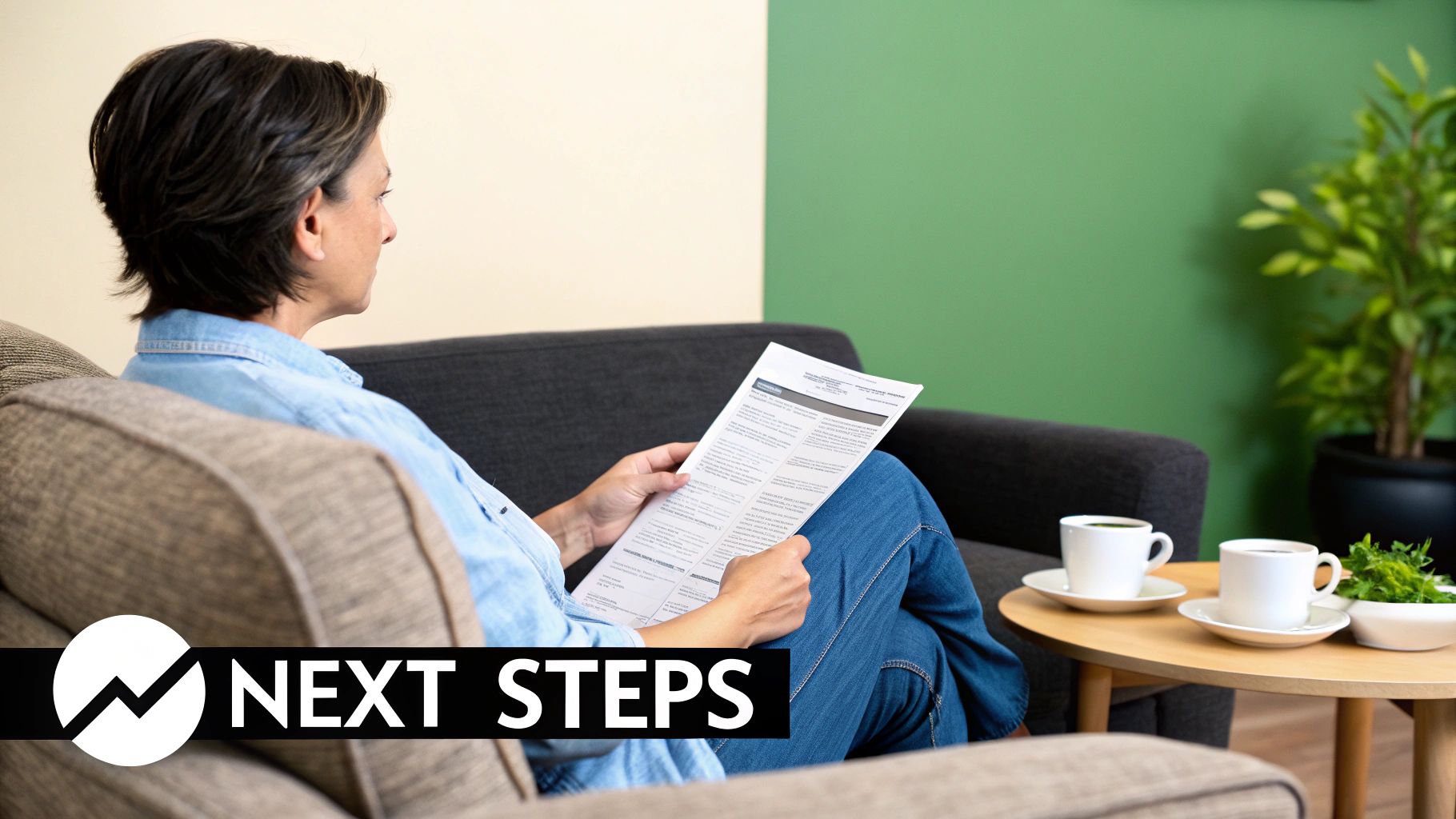 A person sitting on a sofa and reading a document, looking thoughtful