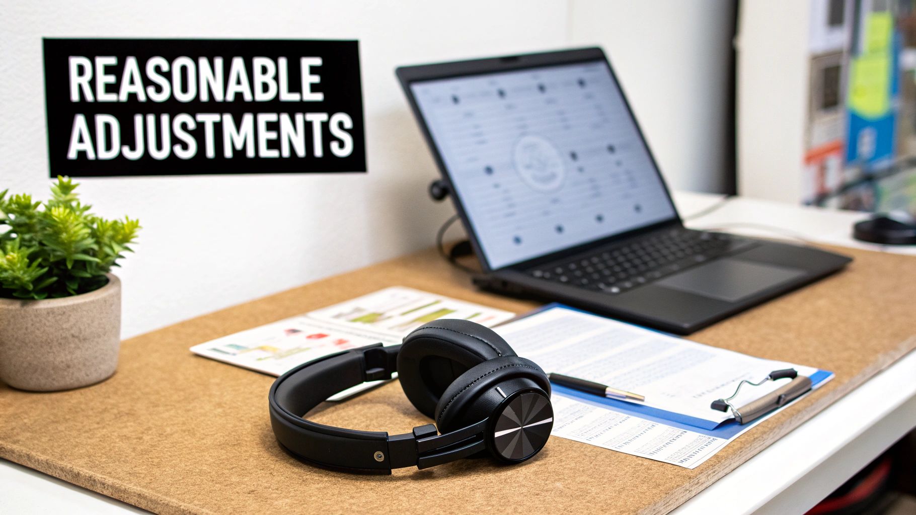 A desk with a laptop, headphones, a plant, and a sign saying 'REASONABLE ADJUSTMENTS'.