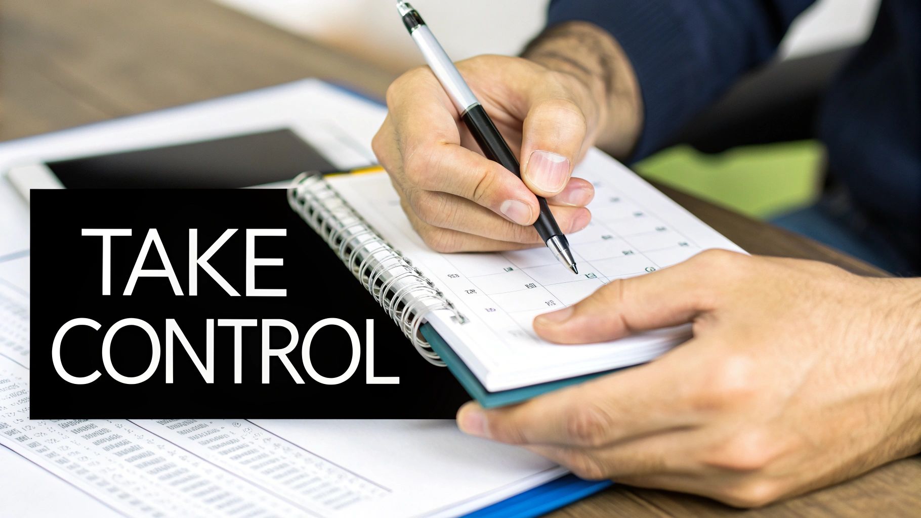 Hands writing in a spiral planner with a pen, featuring the prominent text 'TAKE CONTROL'.