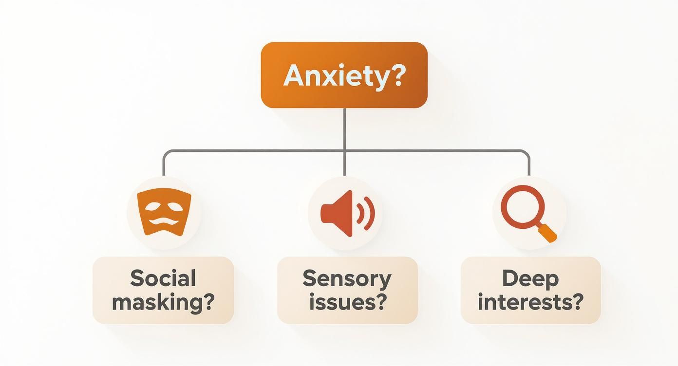 A flowchart showing 'Anxiety?' at the top, branching into 'Social masking?', 'Sensory issues?', and 'Deep interests?'.