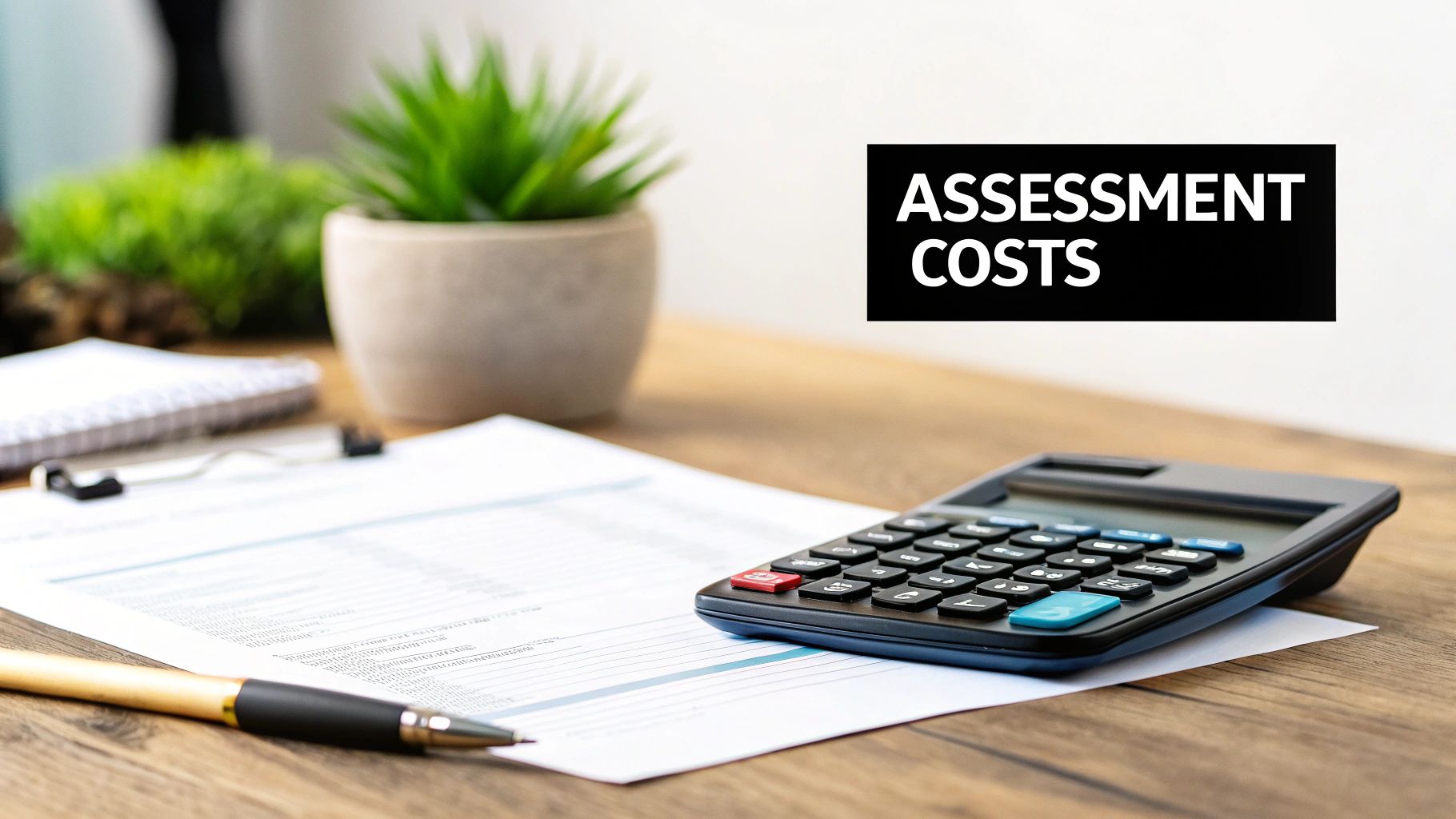 A desk scene featuring a calculator, pen, document, and a prominent 'ASSESSMENT COSTS' sign.