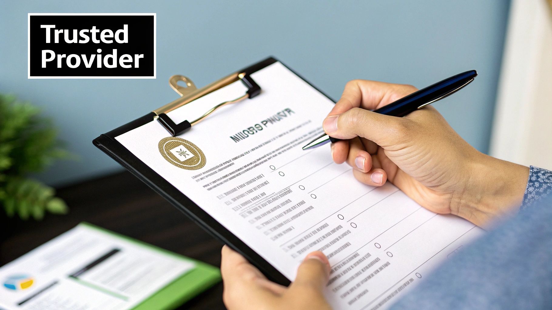 A person carefully reviewing documents, symbolising the research needed to find a reputable assessment provider.