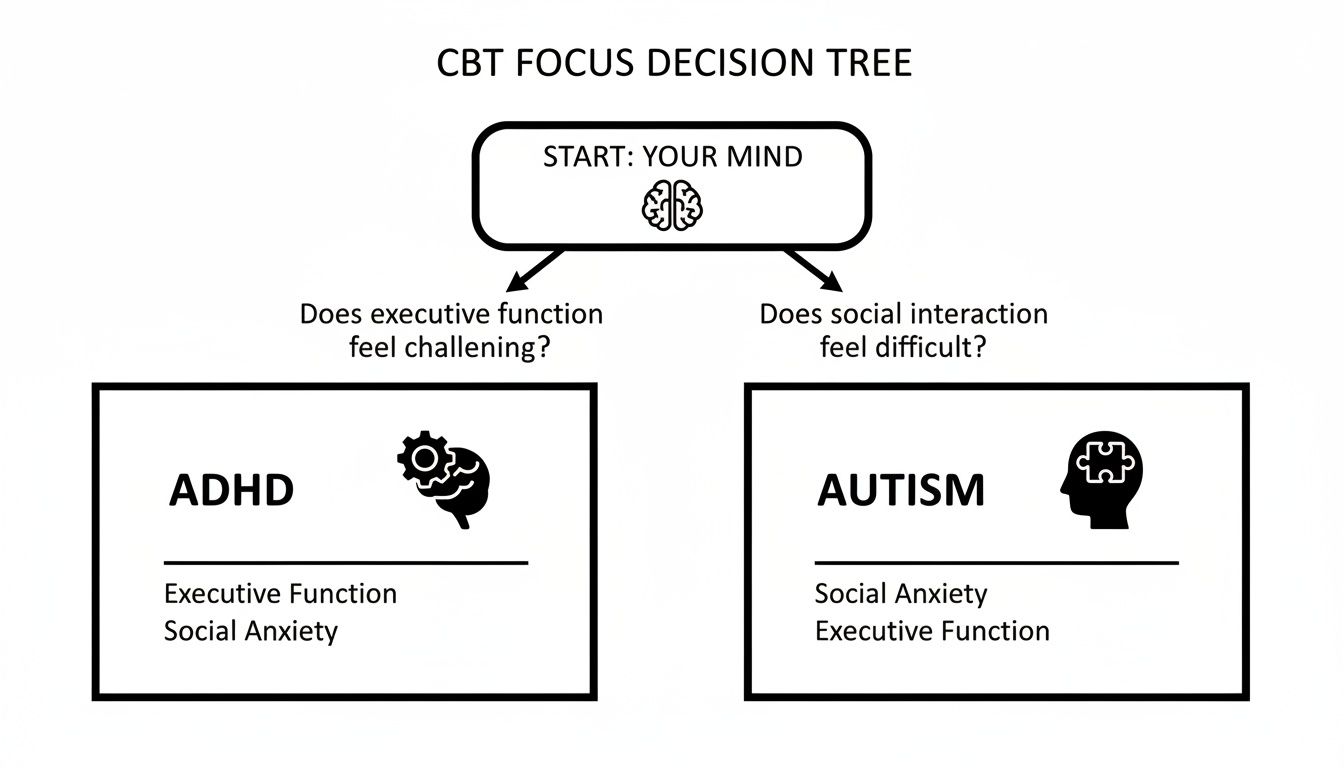 CBT decision tree guiding focus for ADHD and Autism based on challenges in executive function and social interaction.
