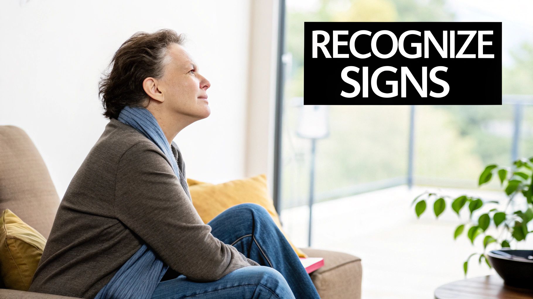 A contemplative woman sitting on a sofa looking towards text 'RECOGNIZE SIGNS' by a bright window.