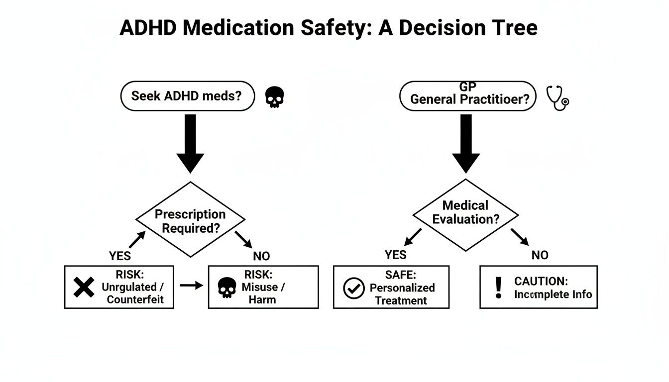 A decision tree flowchart illustrating ADHD medication safety, detailing paths for seeking meds or consulting a GP.