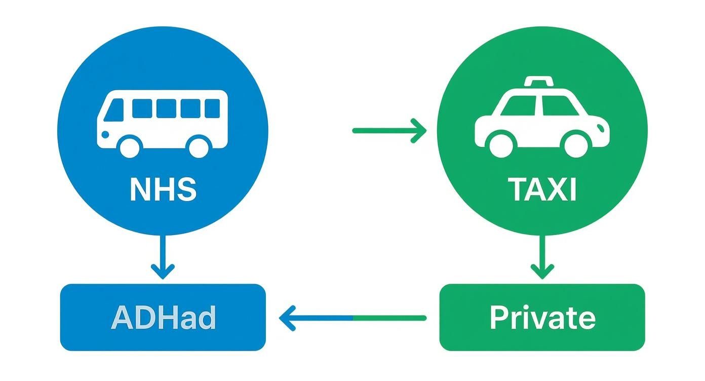 Diagram showing NHS and taxi transportation options leading to private ADHD assessment services