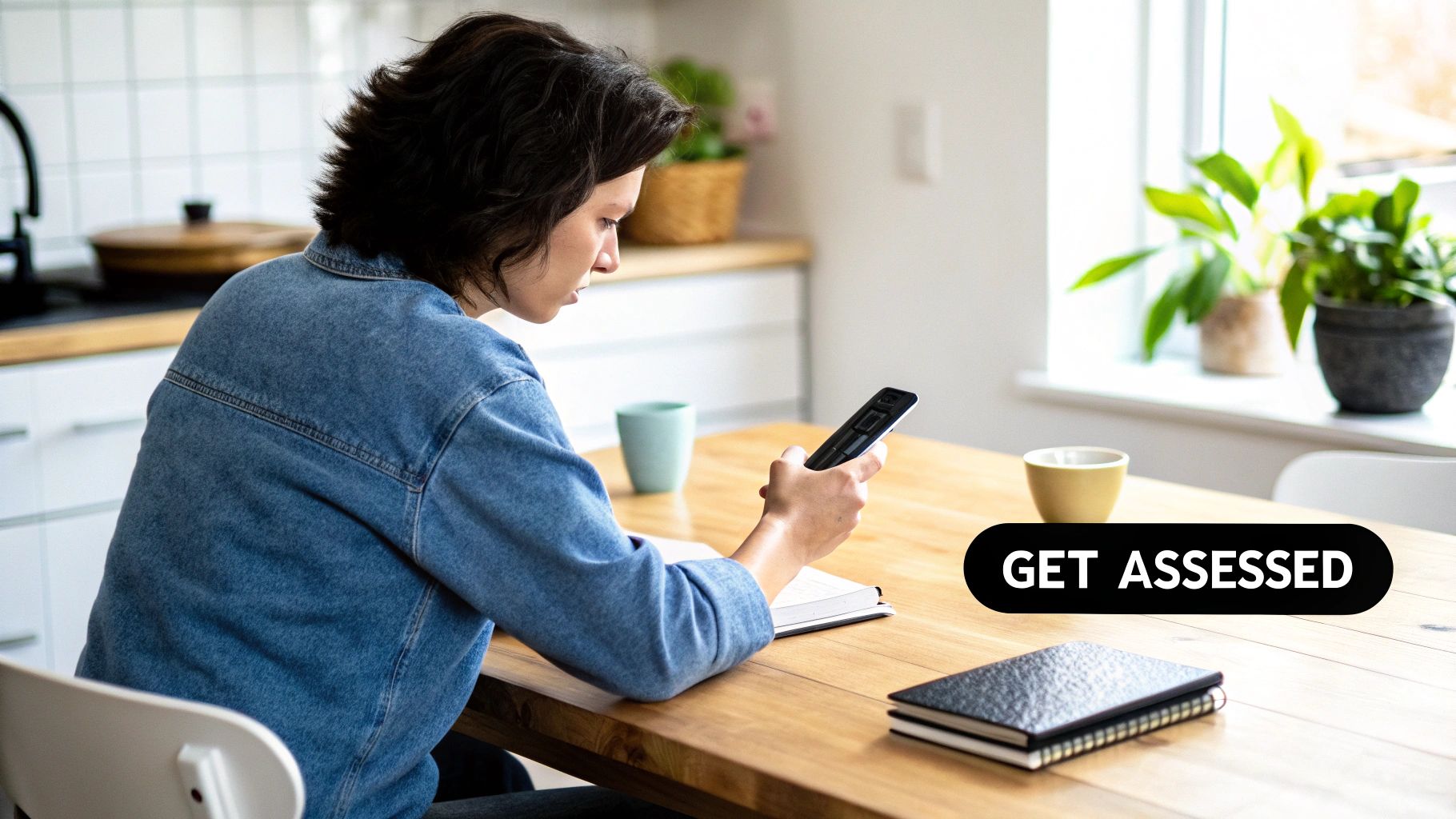 Young woman focused on her phone at a kitchen table, with 'GET ASSESSED' overlay.
