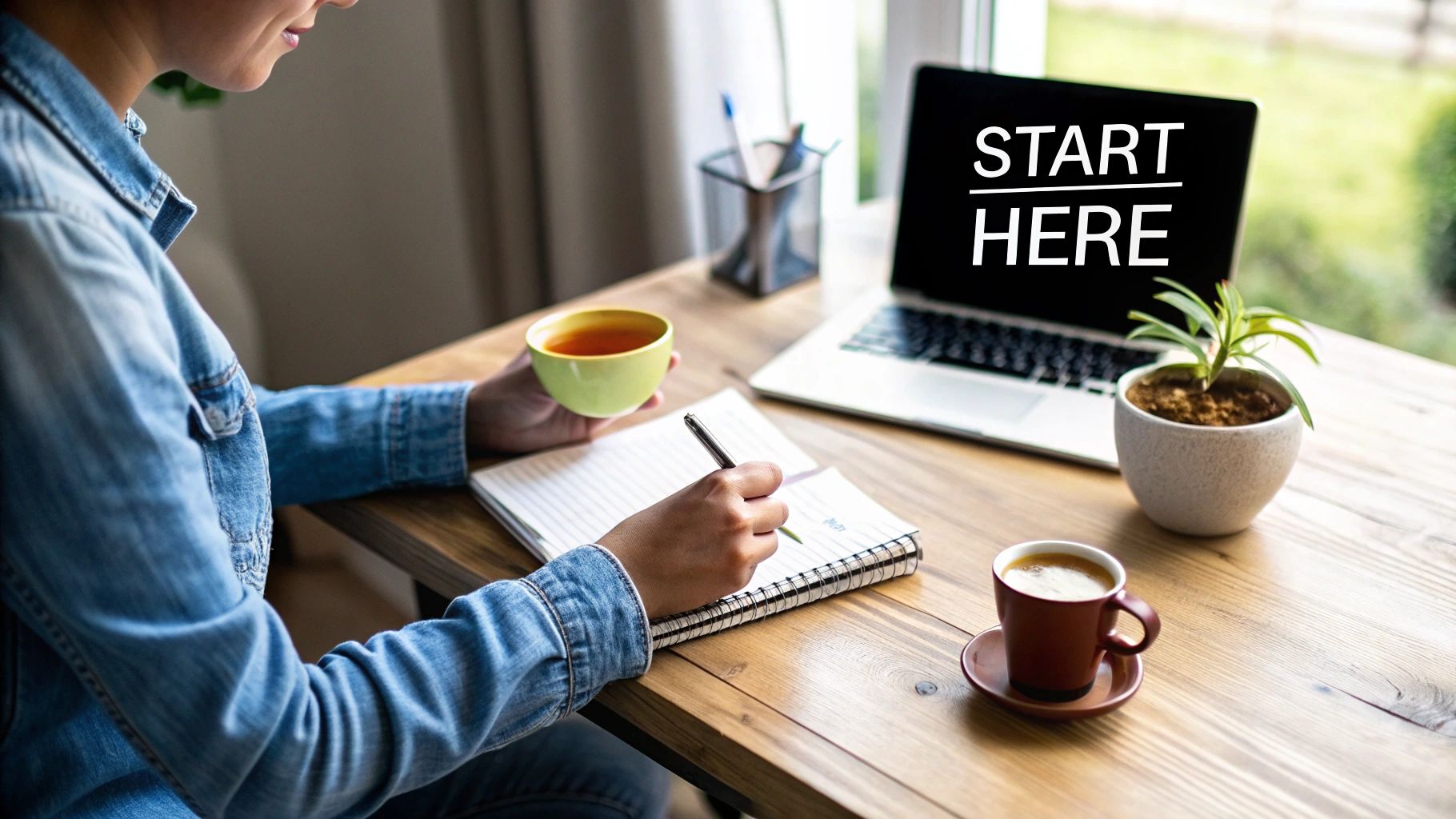 A person in a denim jacket writing in a notebook, holding a tea cup, at a wooden desk with a laptop and coffee.