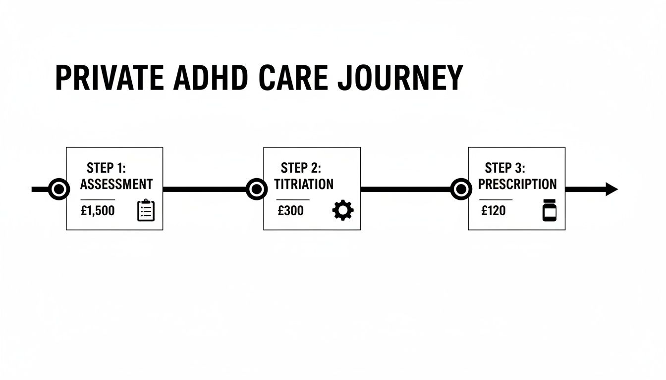 A flowchart detailing the private ADHD care journey, including costs for assessment, titration, and prescription.