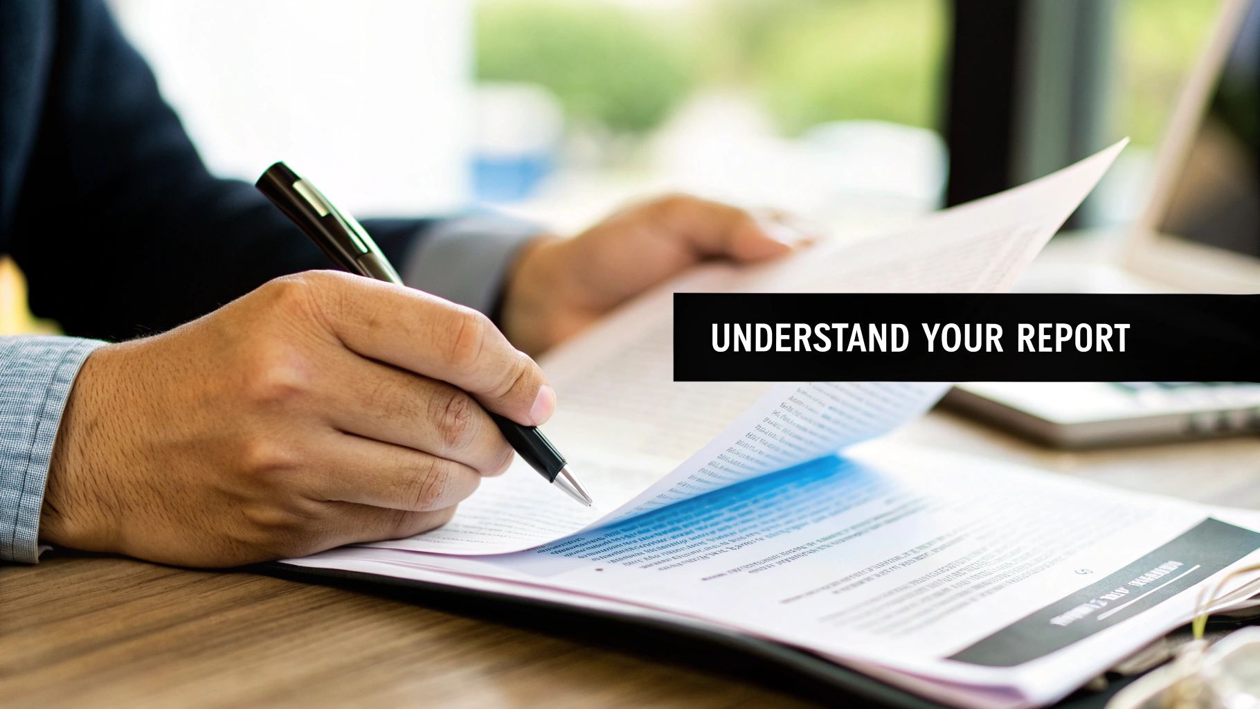 Close-up of a person's hands holding a pen, reviewing a report or document with text overlay.