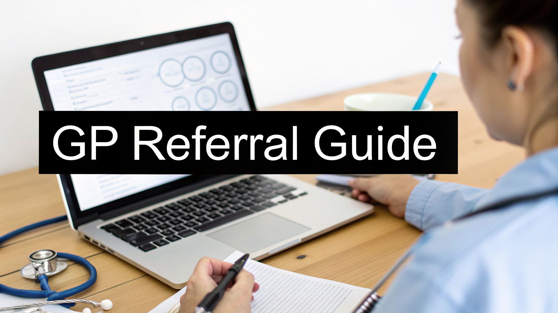 A healthcare professional consults a laptop and writes on a document with 'GP Referral Guide' text.