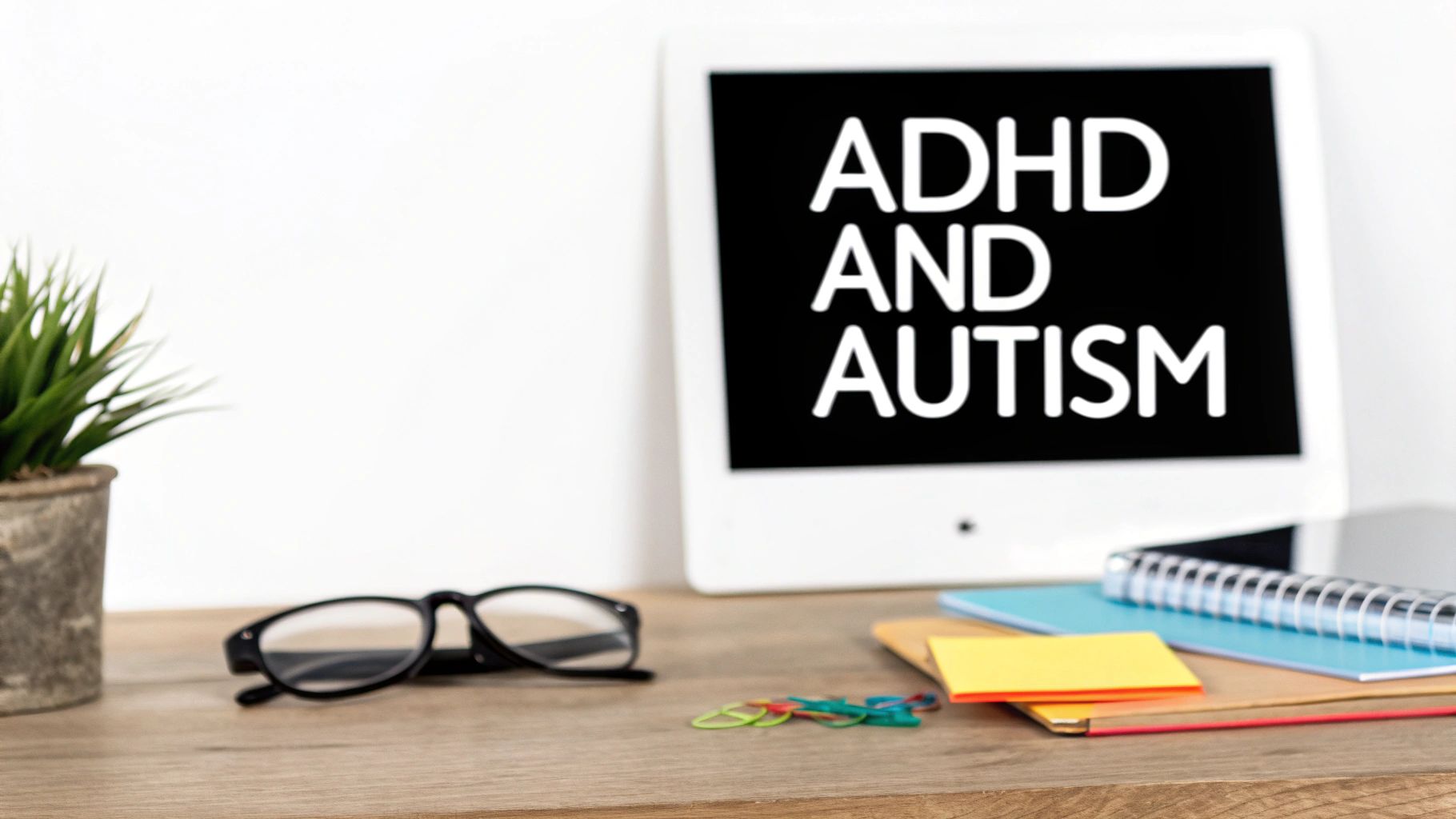 A thoughtful person sitting at a desk, looking out of a window with various symbols representing thoughts and focus.
