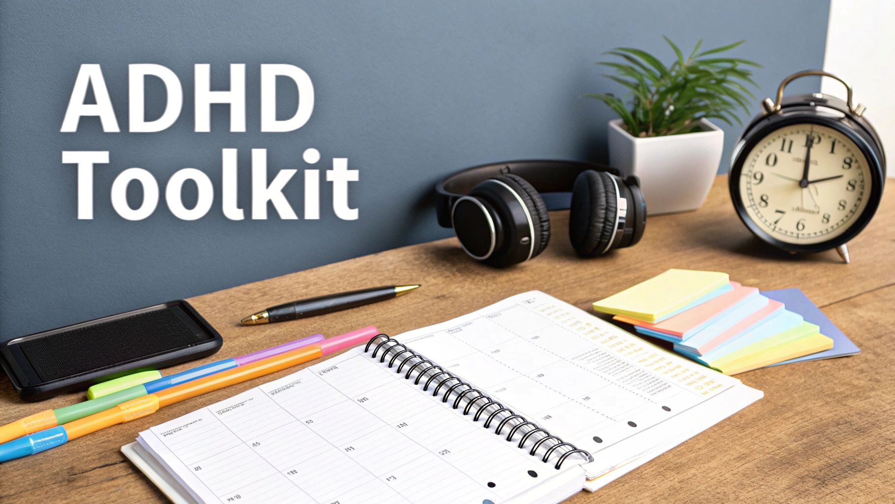 A person assembling a toolkit with various items like a calendar, timer, and notebook, symbolising the creation of a management plan.