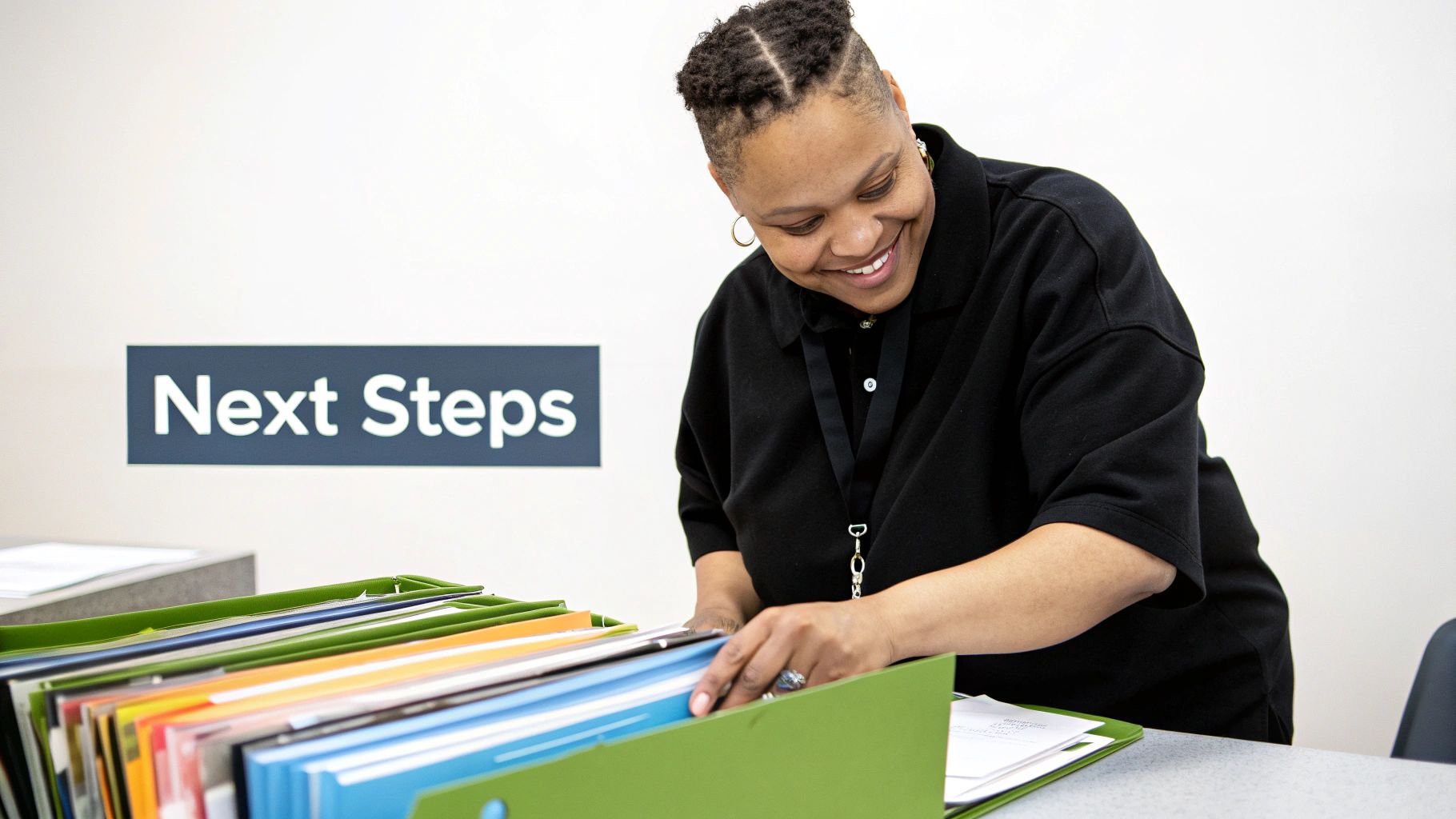A smiling person sorts through colorful files in green folders, with a 'Next Steps' sign in the background.