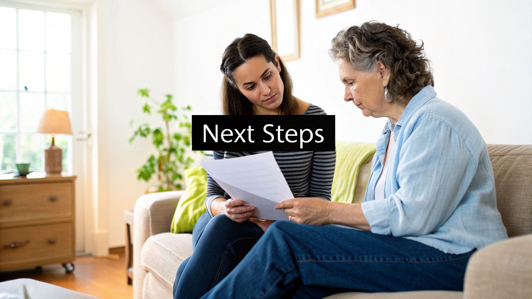 A young woman and an older woman review papers together on a sofa in a bright living room.