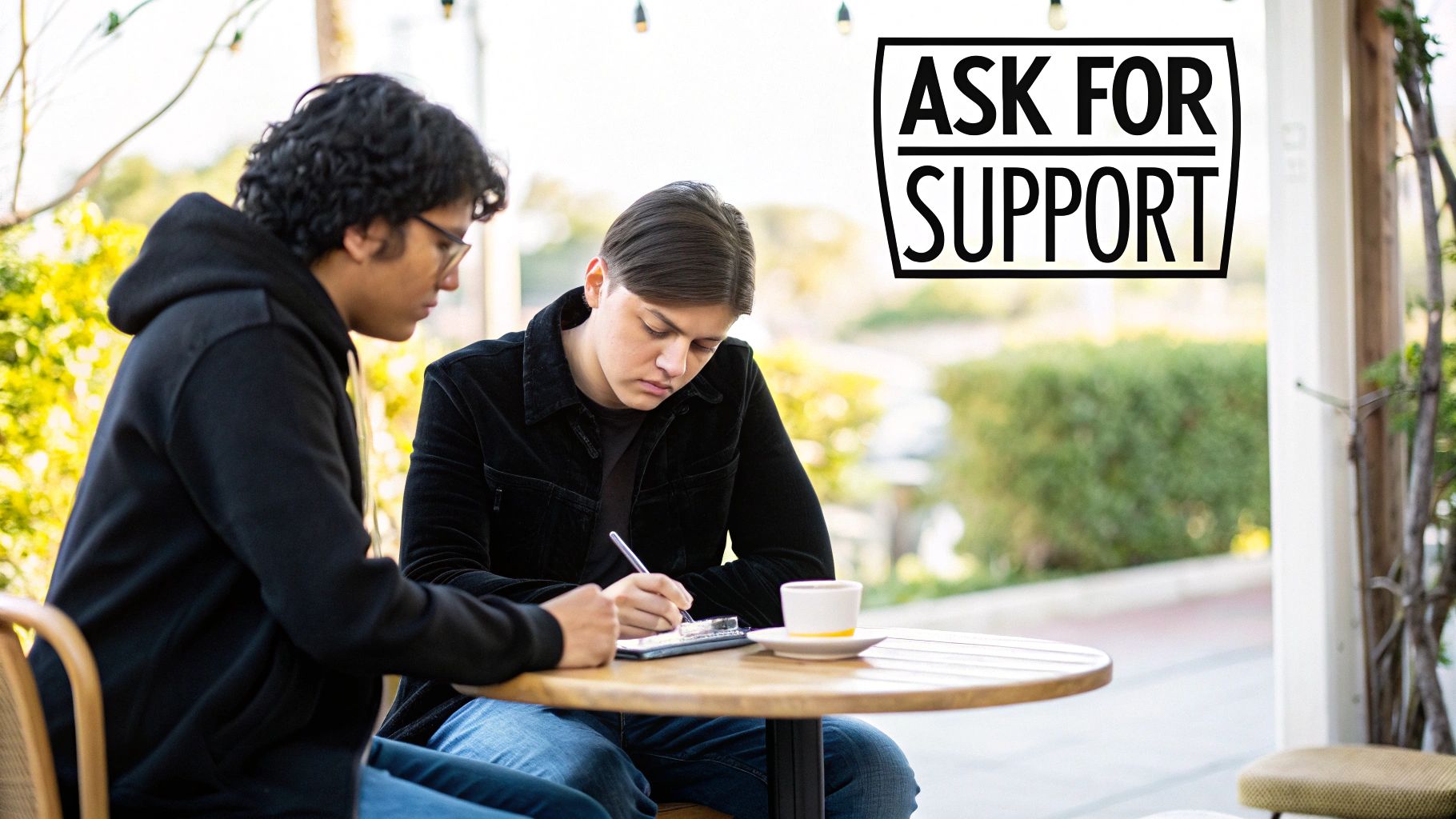 Two young adults sit at an outdoor cafe table, one writing while the other listens, with 'Ask for Support' overlay.