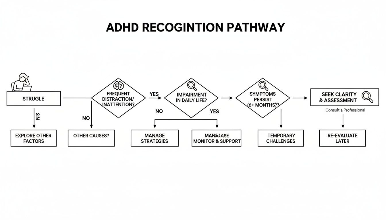 A flowchart detailing the ADHD recognition pathway, guiding individuals from struggle to assessment or management.