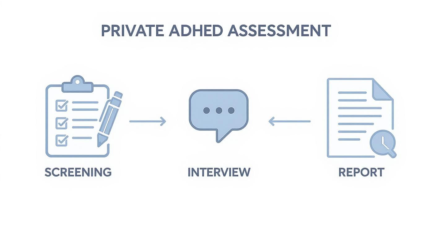 Diagram showing a private ADHD assessment process with three steps: screening, interview, and report.