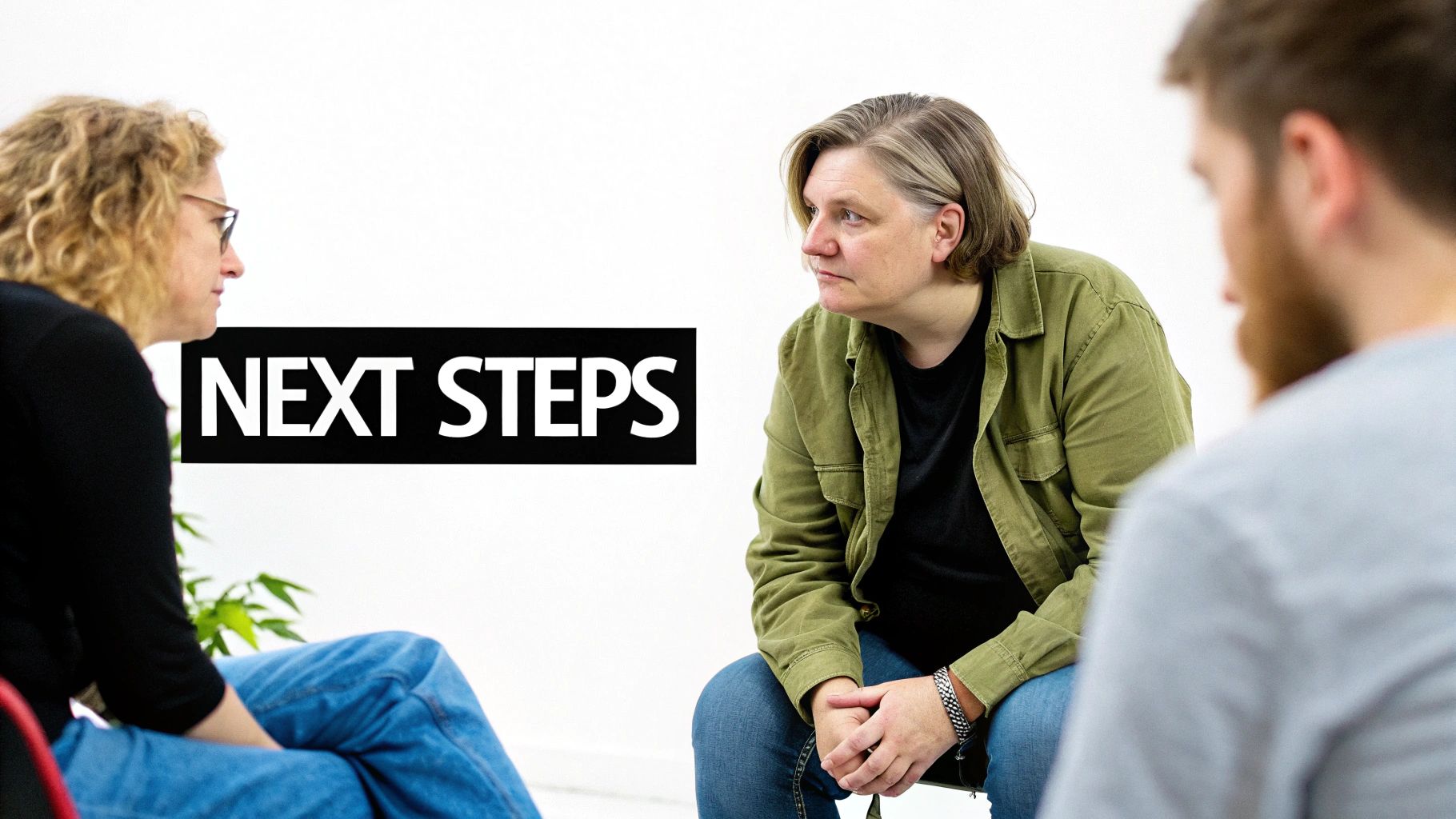 Three adults engaged in a serious group discussion, with a prominent 'NEXT STEPS' banner.