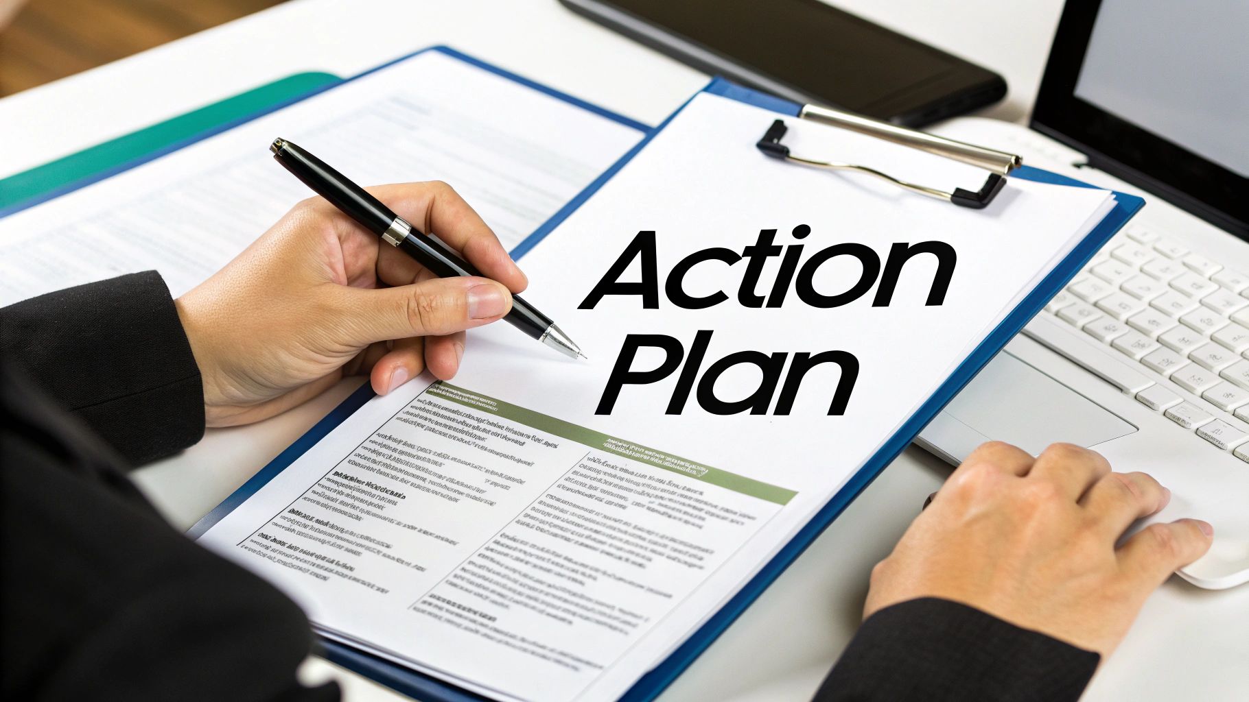 A person's hands holding a pen over an 'Action Plan' document on a clipboard, with a laptop.