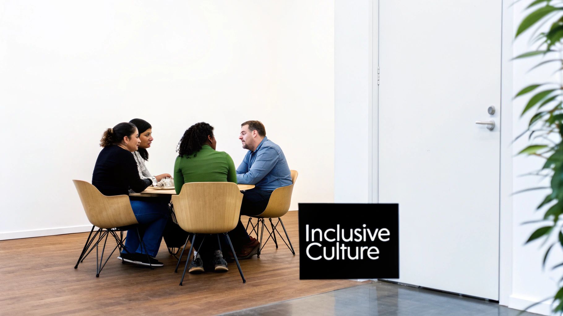Diverse group of four people discussing at a table with an 'Inclusive Culture' sign.