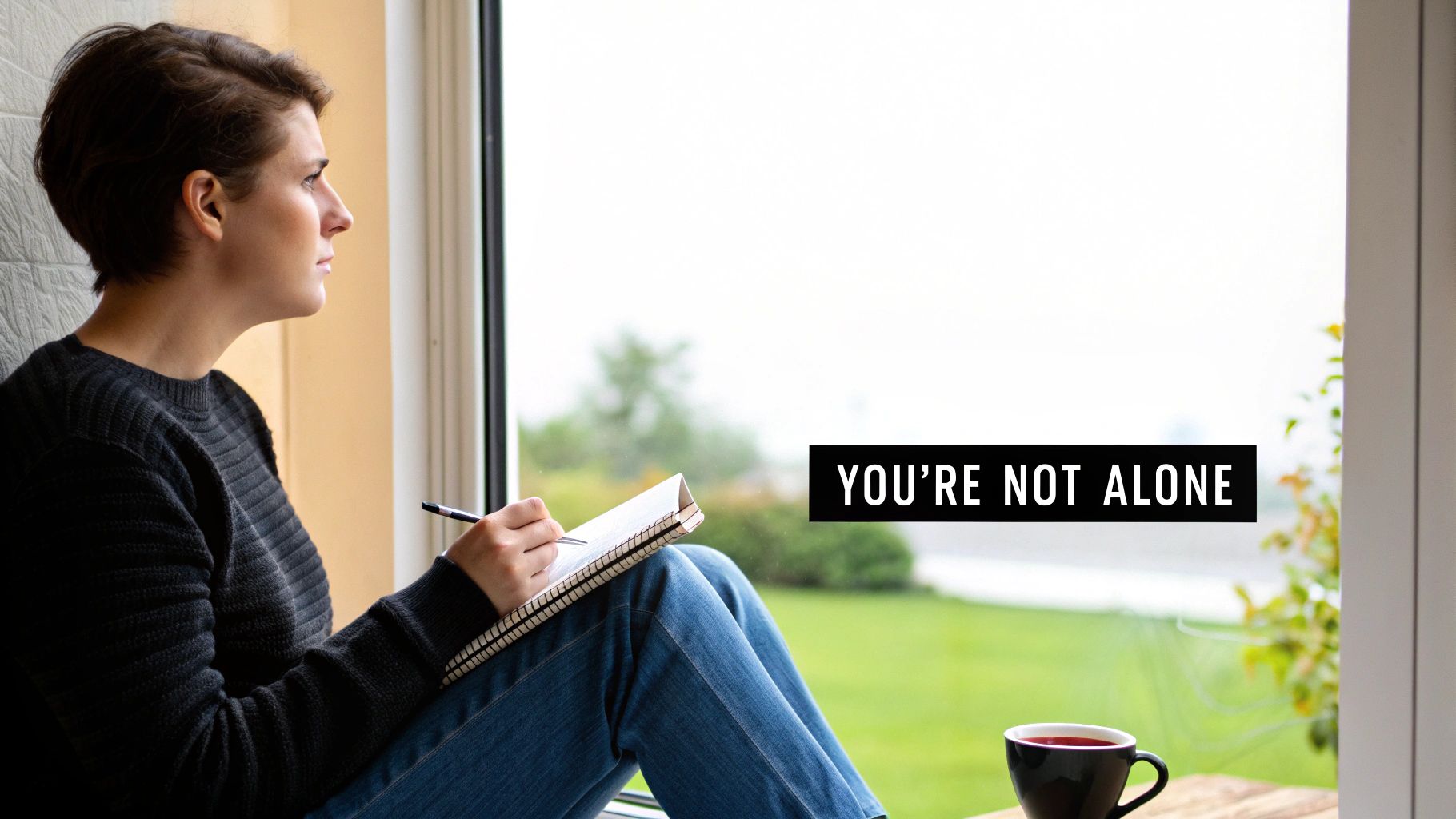 A person sits by a window, writing in a notebook, with a cup of tea, and text "YOU'RE NOT ALONE".