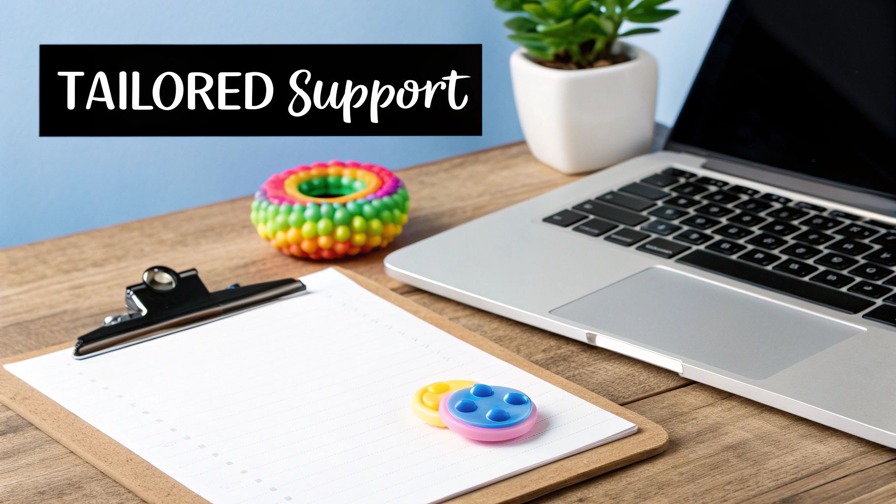 A desk setup featuring a laptop, clipboard, plant, colorful fidget toys, and text 'TAILORED Support'.