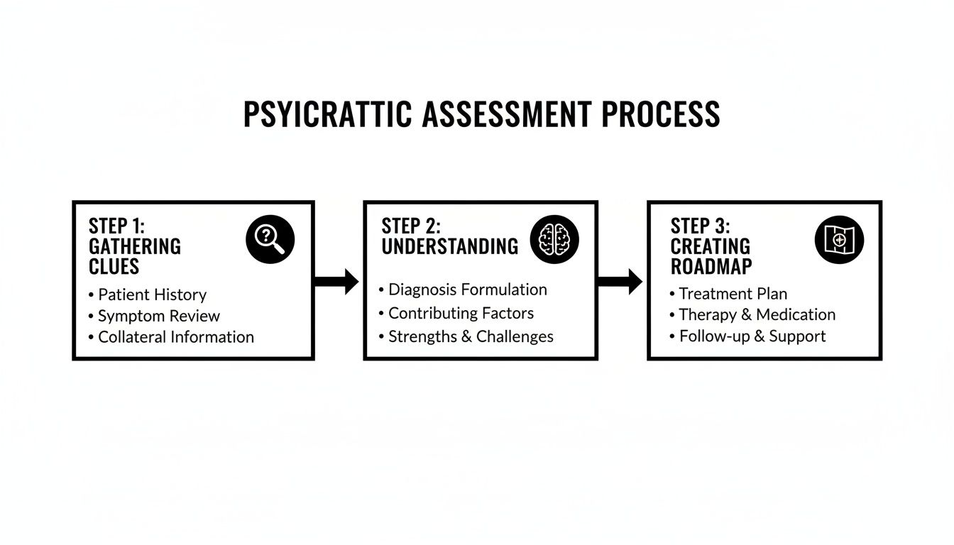 Diagram illustrating the three steps of the psychiatric assessment process: gathering clues, understanding, and creating a roadmap.