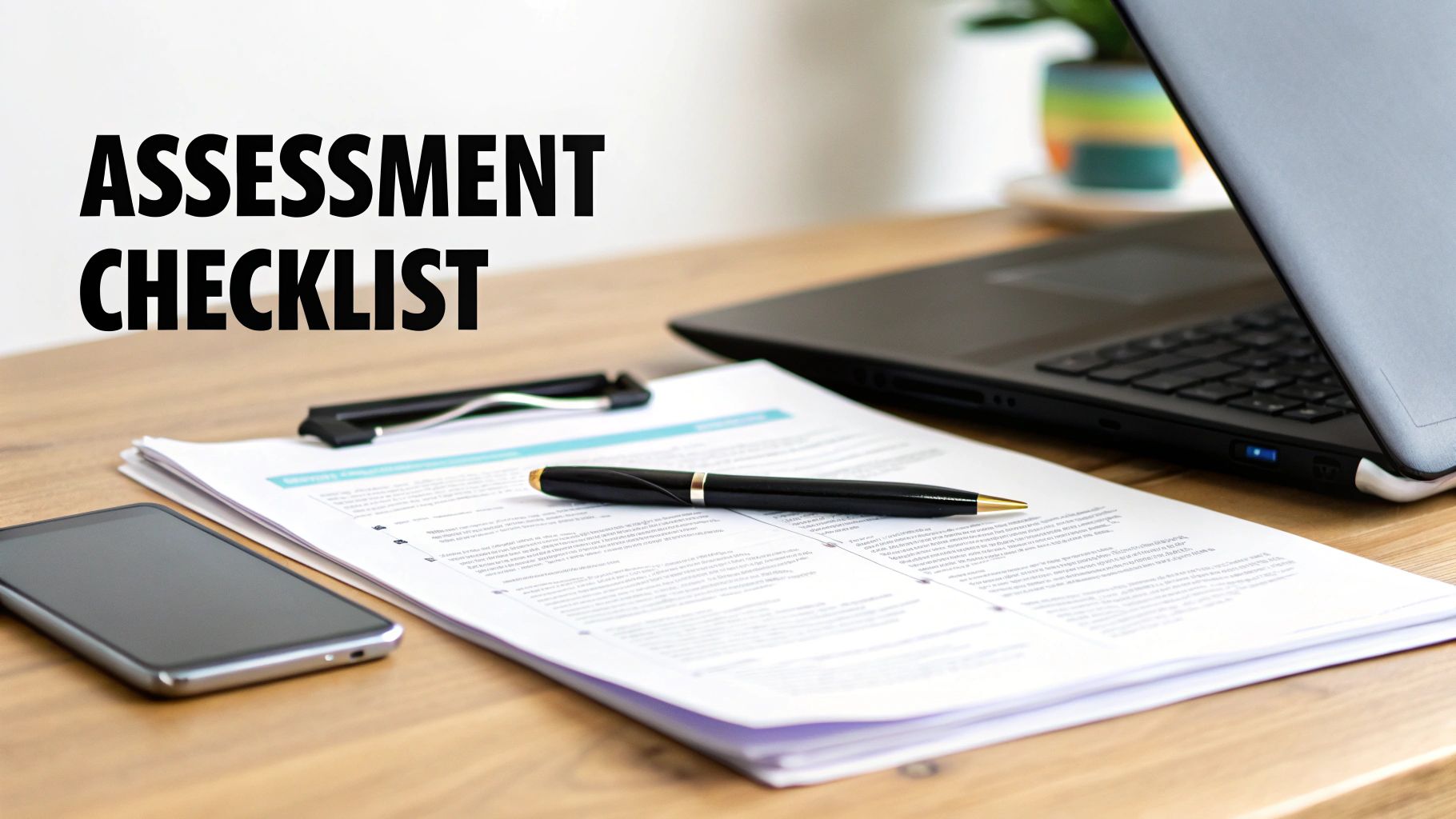A desk with an 'ASSESSMENT CHECKLIST' document, a pen, a smartphone, and a laptop.