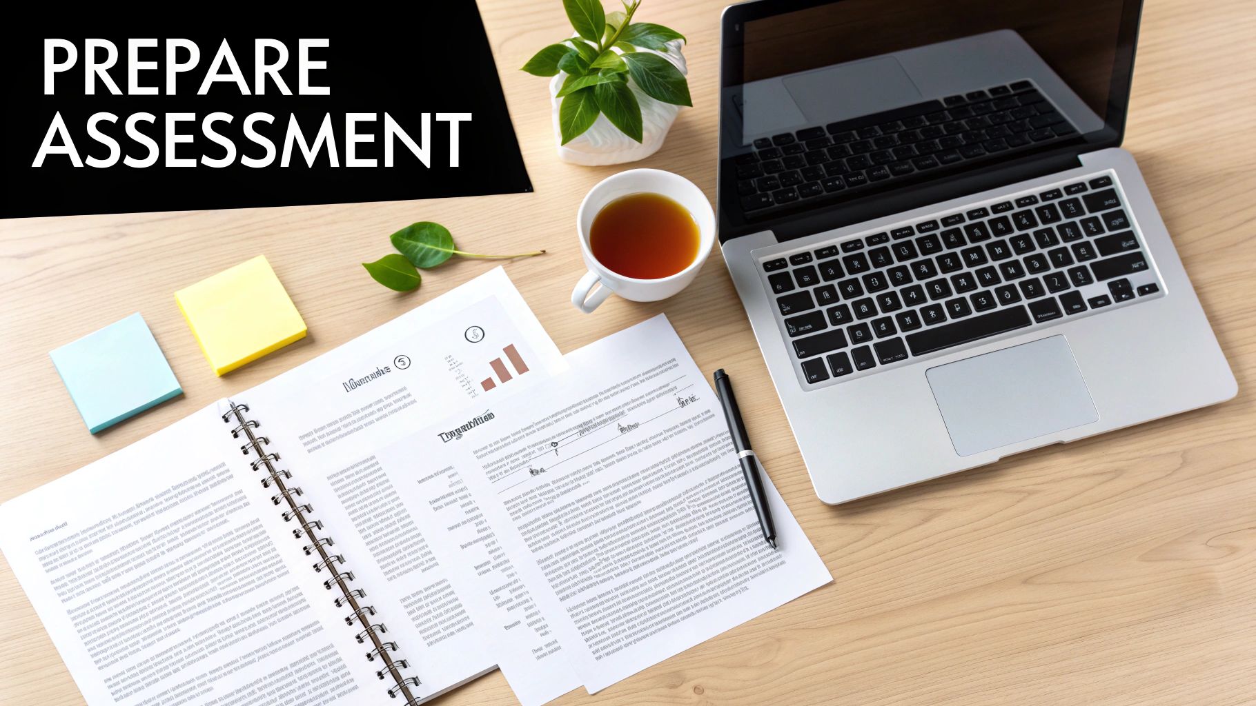 Overhead view of a desk with a laptop, documents, a cup of tea, and sticky notes. Text: PREPARE ASSESSMENT.