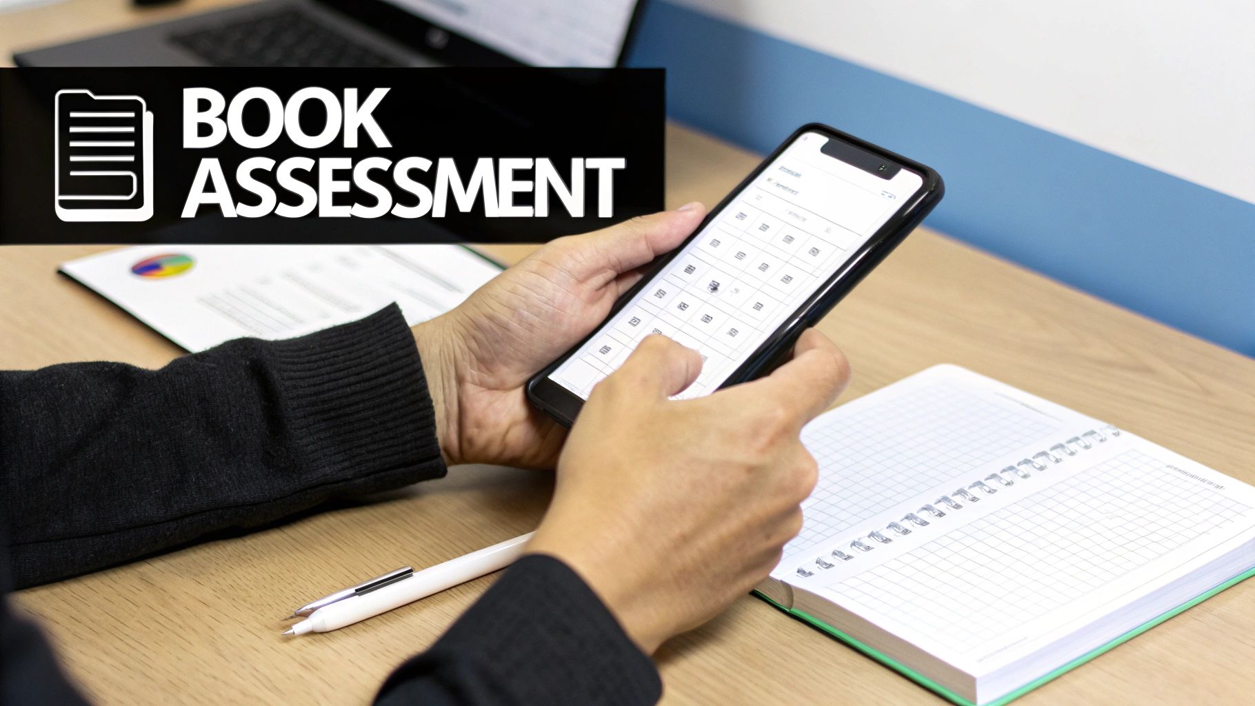 A person sitting at a desk, focused on booking an appointment on their laptop