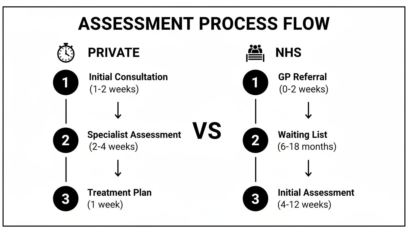 Flowchart comparing private and NHS assessment processes, detailing steps and associated waiting times.