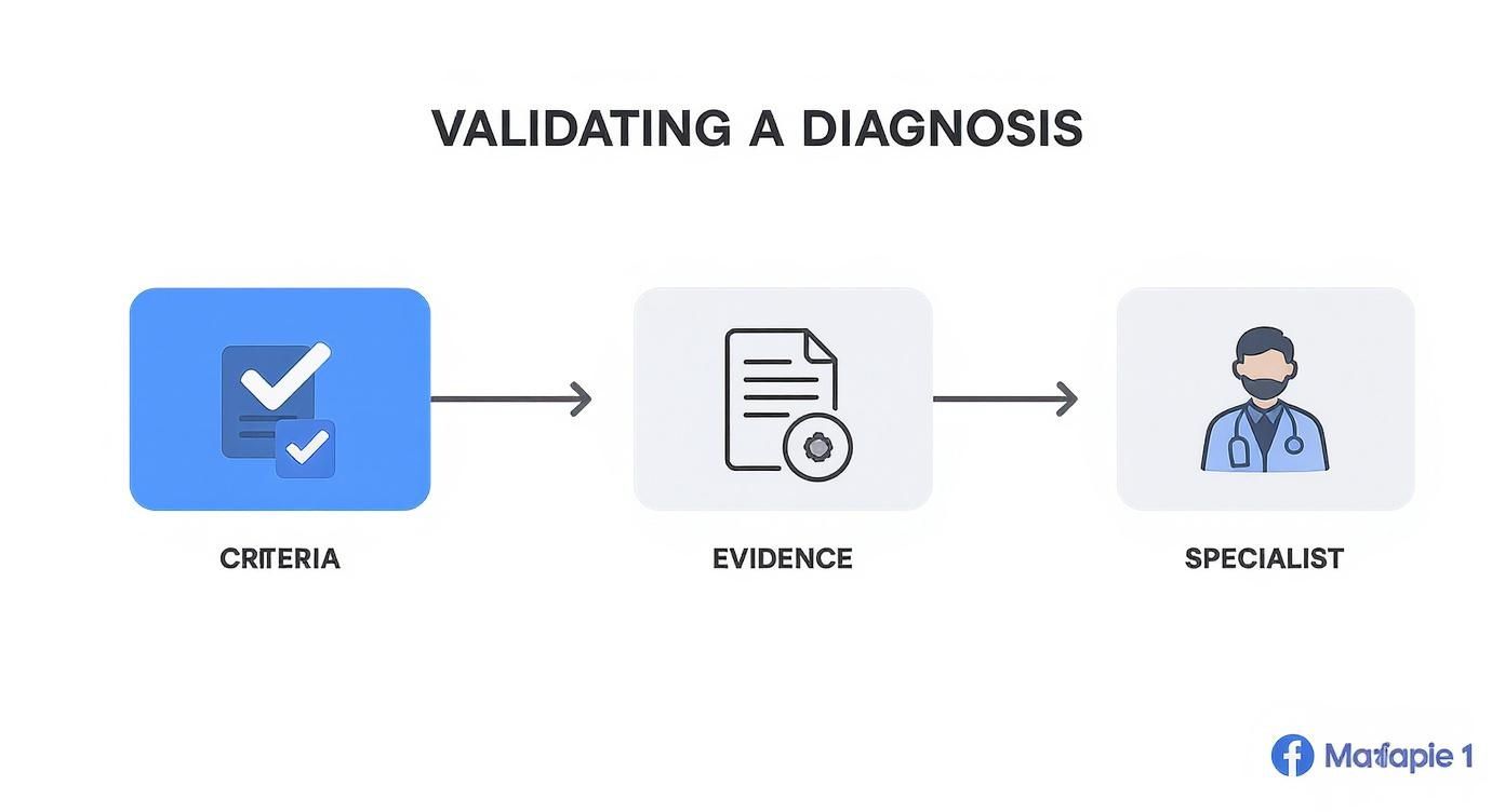 Diagram illustrating the process of validating a diagnosis, showing criteria, gathering evidence, and specialist review.