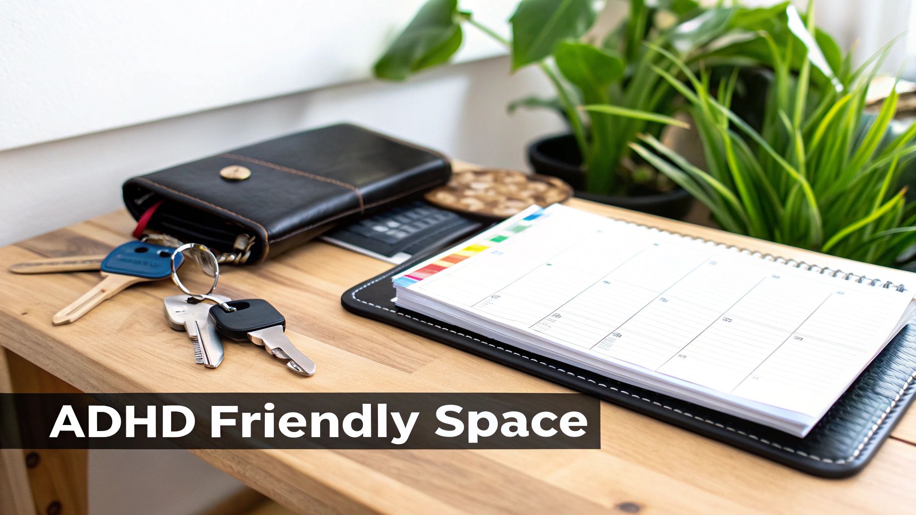 An organized table with a wallet, keys, and planner, promoting an ADHD-friendly, clutter-free space.